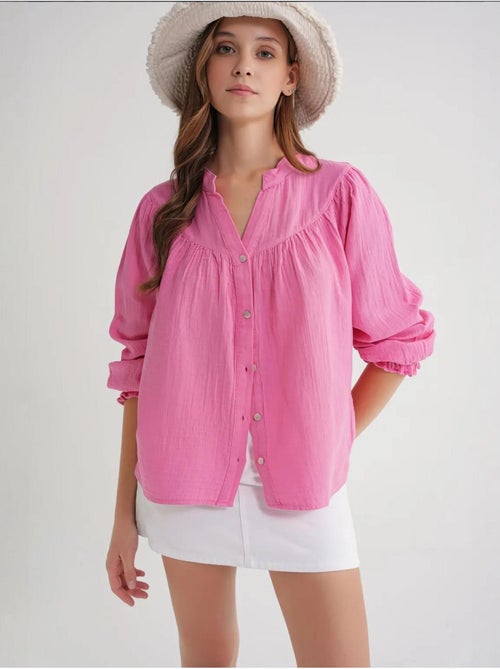 Camisa de algodão com colarinho mandarim e botões mixray - Kiabi Camisa de algodão com colarinho mandarim e botões mixray - Kiabi
