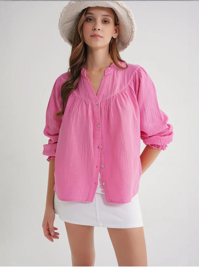 Camisa de algodão com colarinho mandarim e botões mixray Rosa-fluo/Solinotes - Kiabi