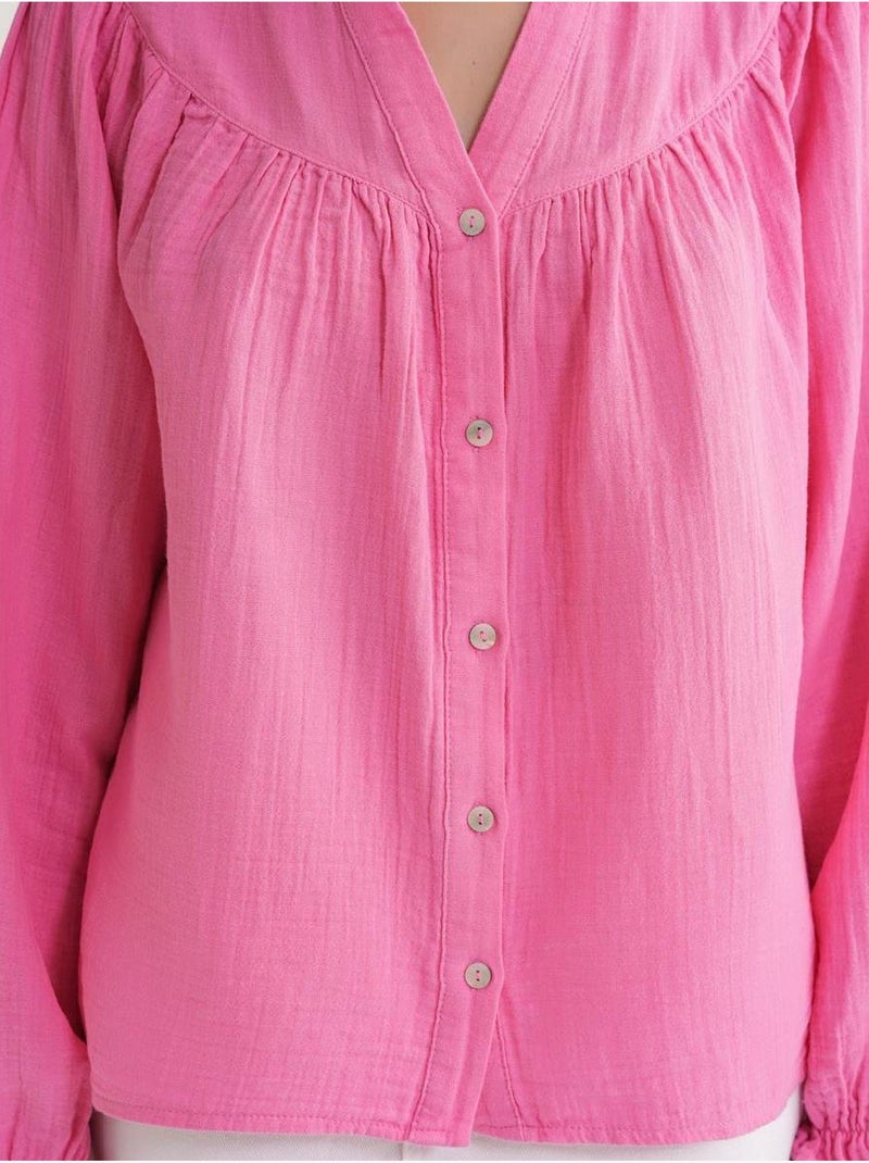 Camisa de algodão com colarinho mandarim e botões mixray Rosa-fluo/Solinotes - Kiabi
