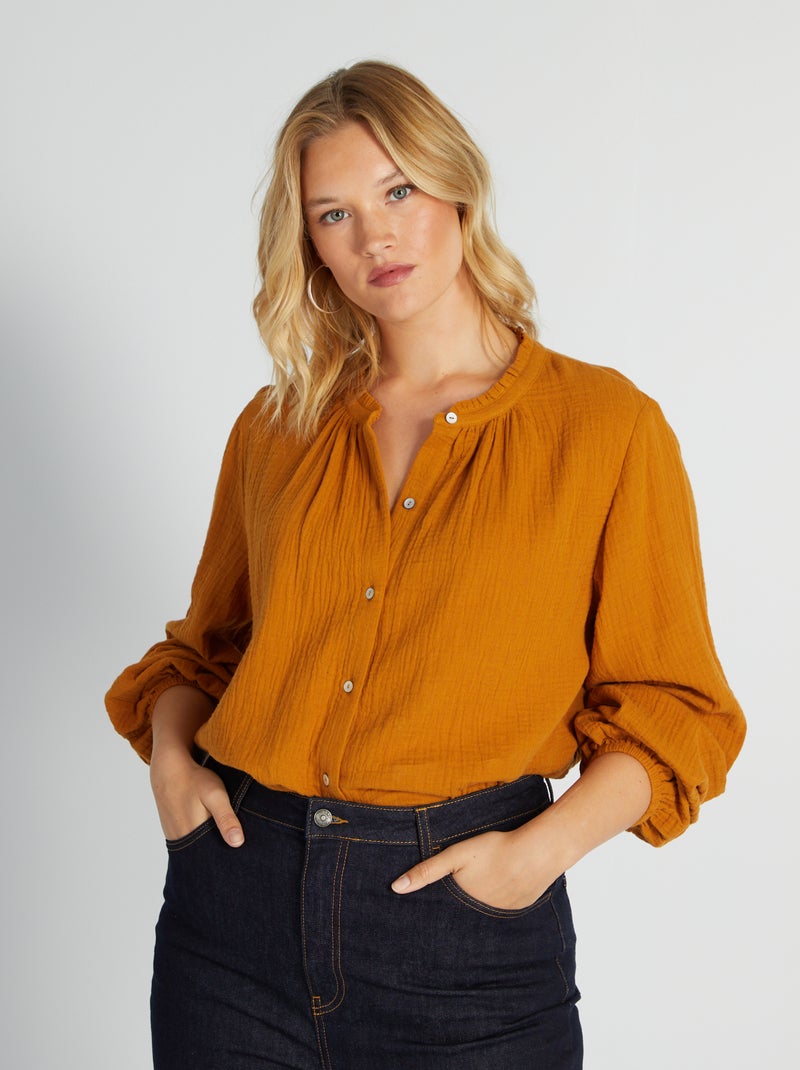 Camisa de algodão com gola com folhos AMARELO - Kiabi