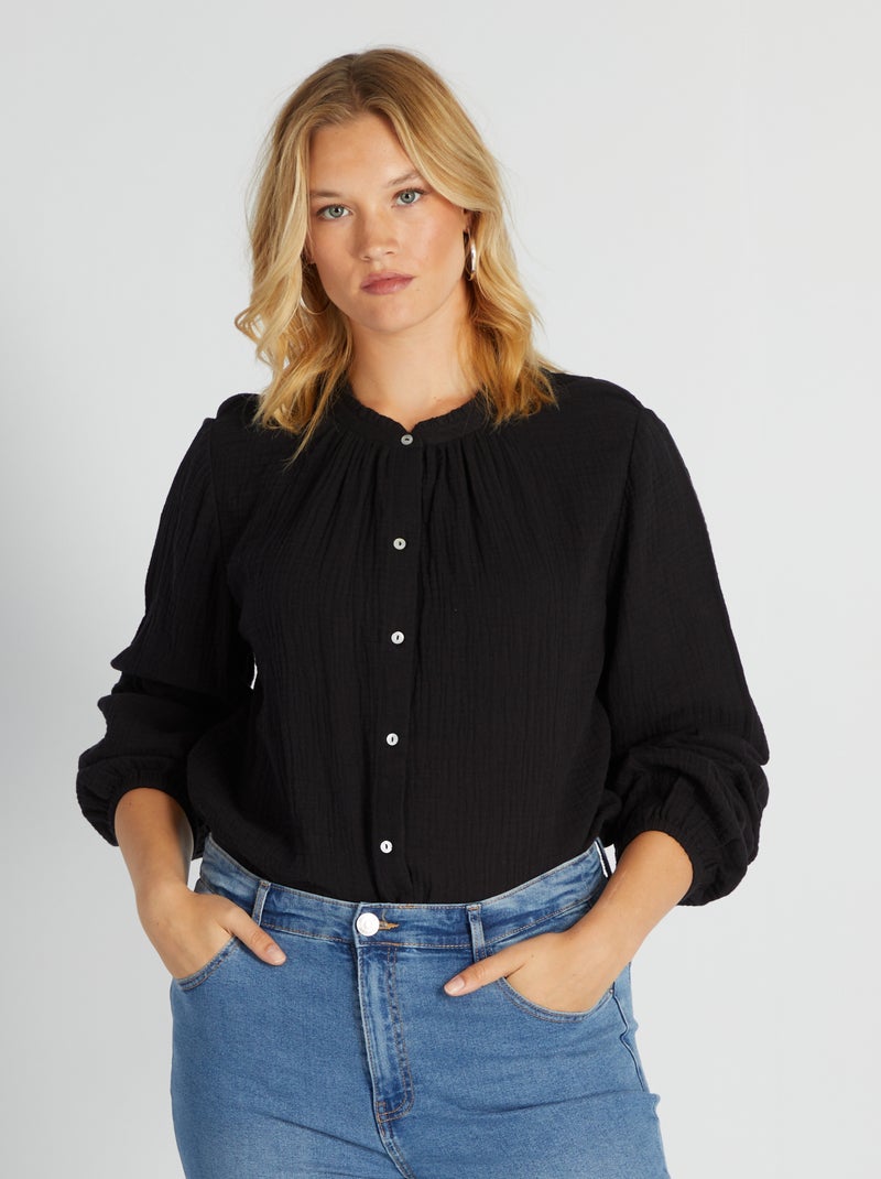 Camisa de algodão com gola com folhos Preto - Kiabi