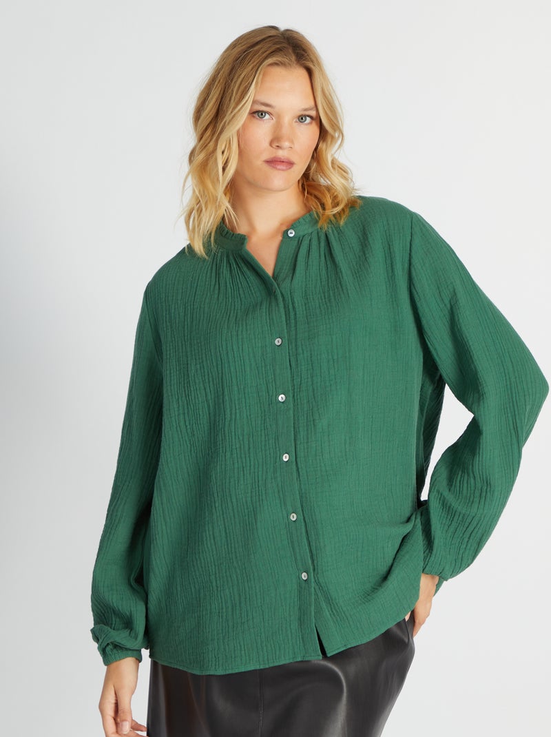Camisa de algodão com gola com folhos Verde - Kiabi