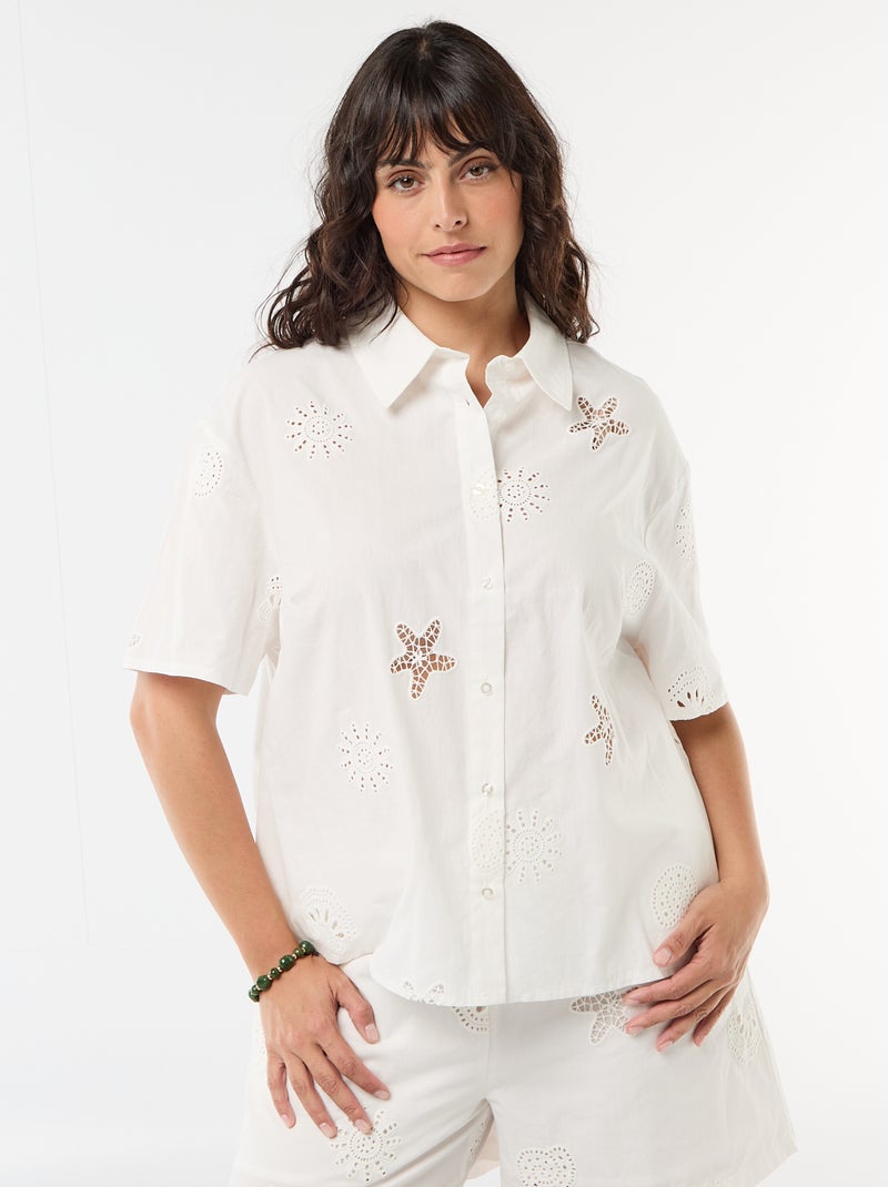 Camisa de algodão com motivos vazados Branco - Kiabi