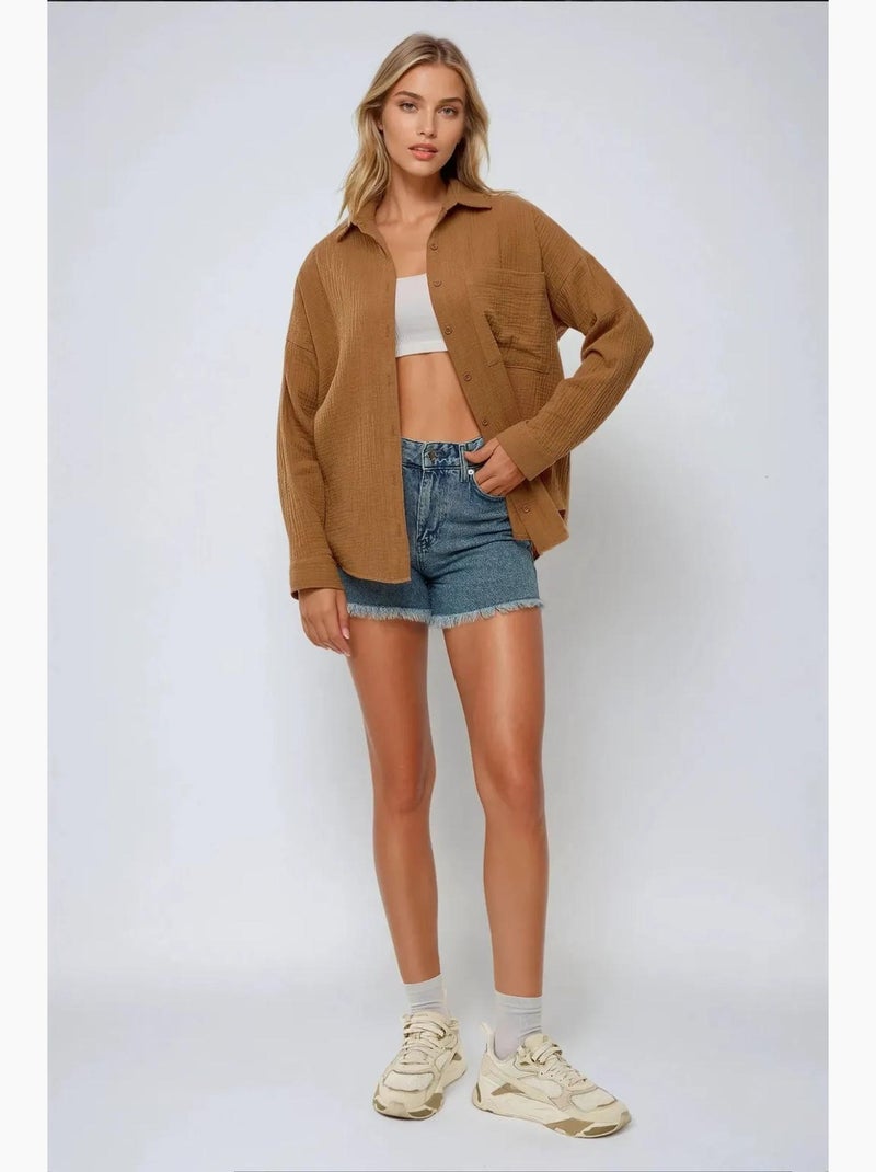 Camisa de algodão oversized com detalhe de bolso hiccup Castanho - Kiabi