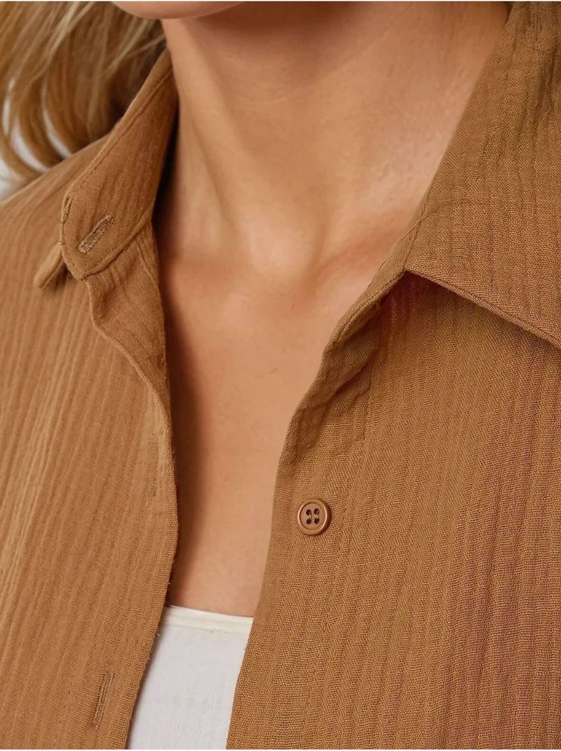 Camisa de algodão oversized com detalhe de bolso hiccup Castanho - Kiabi