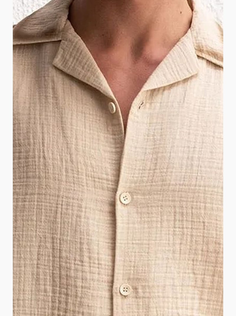Camisa de algodão tecido com textura com fecho de botões giesto Bege-argila - Kiabi