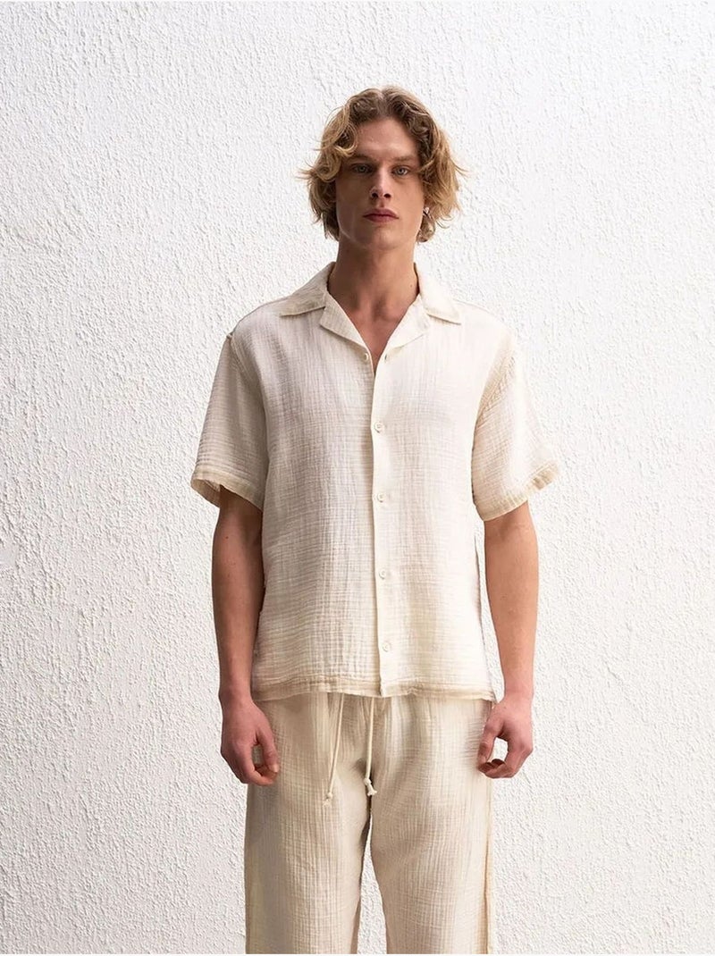 Camisa de algodão texturado de manga curta para homem giesto Ecru - Kiabi