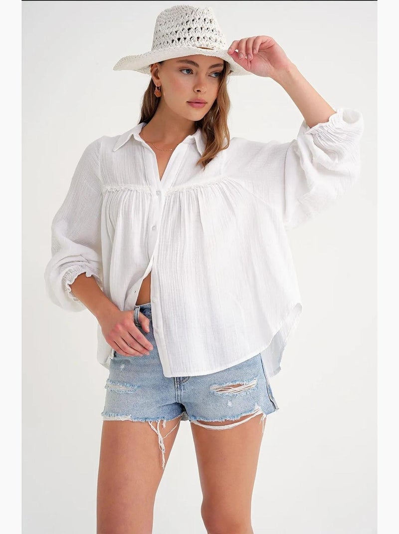 Camisa de algodão texturizado com botões mixray Branco - Kiabi