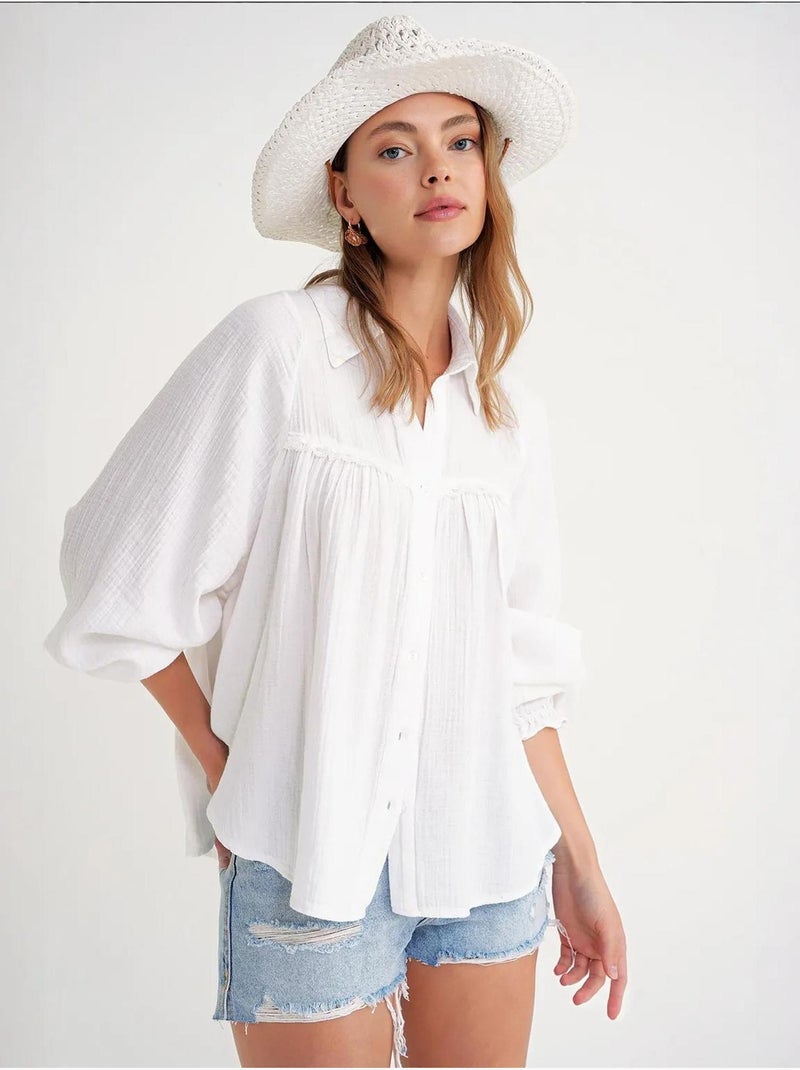 Camisa de algodão texturizado com botões mixray Branco - Kiabi