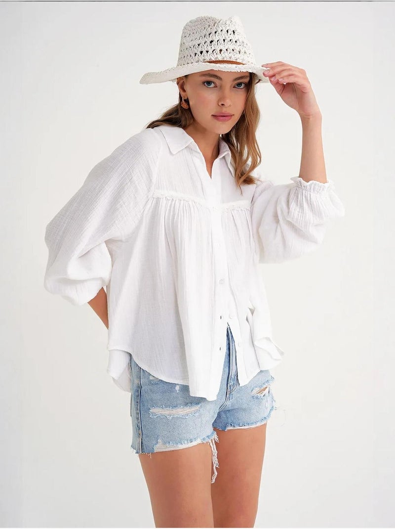 Camisa de algodão texturizado com botões mixray Branco - Kiabi