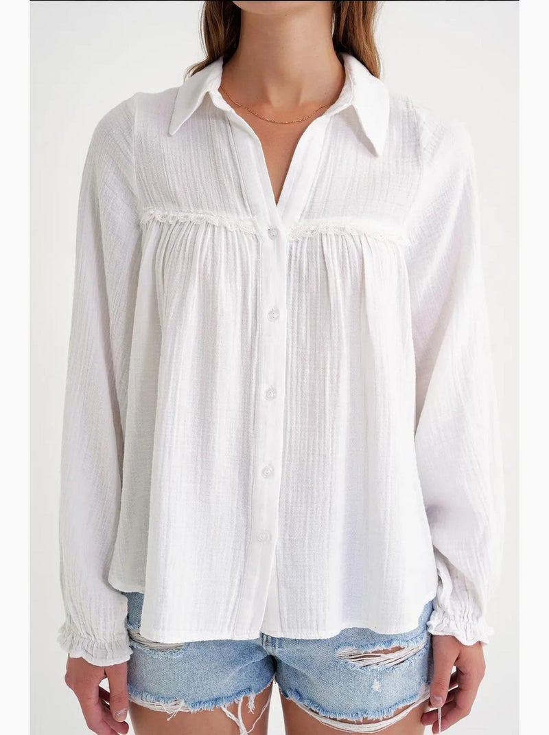 Camisa de algodão texturizado com botões mixray Branco - Kiabi