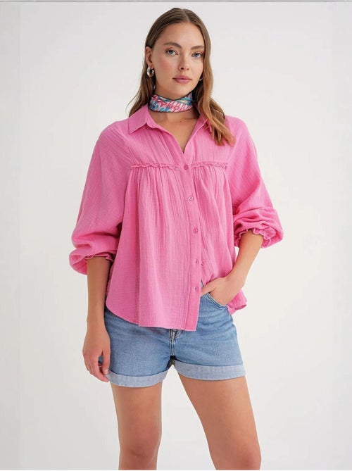 Camisa de algodão texturizado com botões mixray - Kiabi Camisa de algodão texturizado com botões mixray - Kiabi