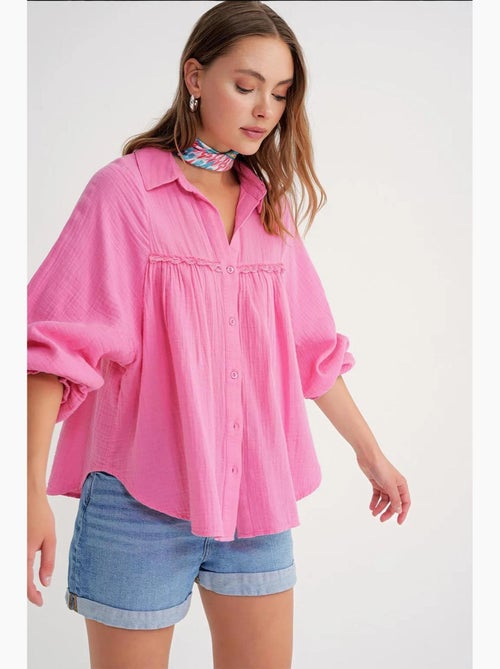 Camisa de algodão texturizado com botões mixray - Kiabi Camisa de algodão texturizado com botões mixray - Kiabi