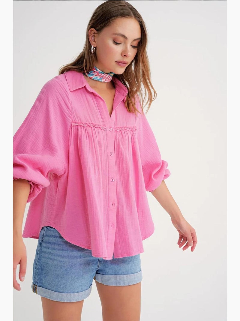 Camisa de algodão texturizado com botões mixray Rosa-fluo/Solinotes - Kiabi
