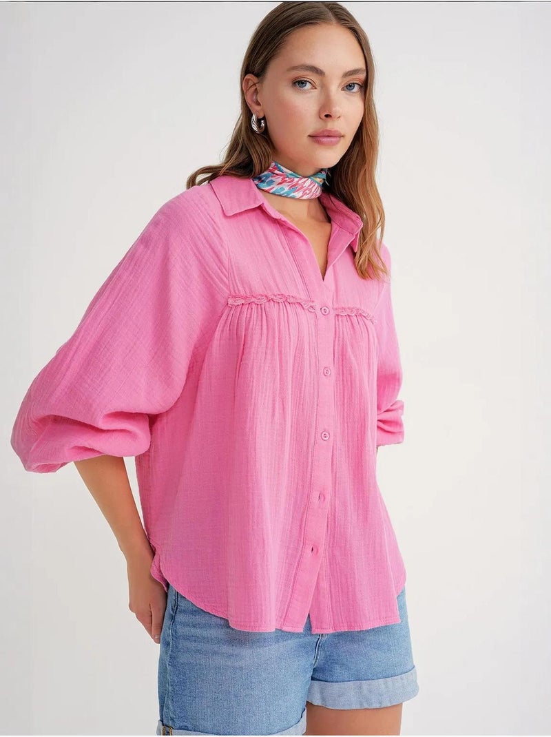 Camisa de algodão texturizado com botões mixray Rosa-fluo/Solinotes - Kiabi