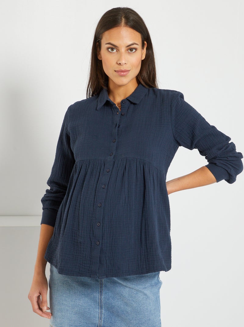 Camisa de amamentação texturada em gaze de algodão Azul Marinho - Kiabi