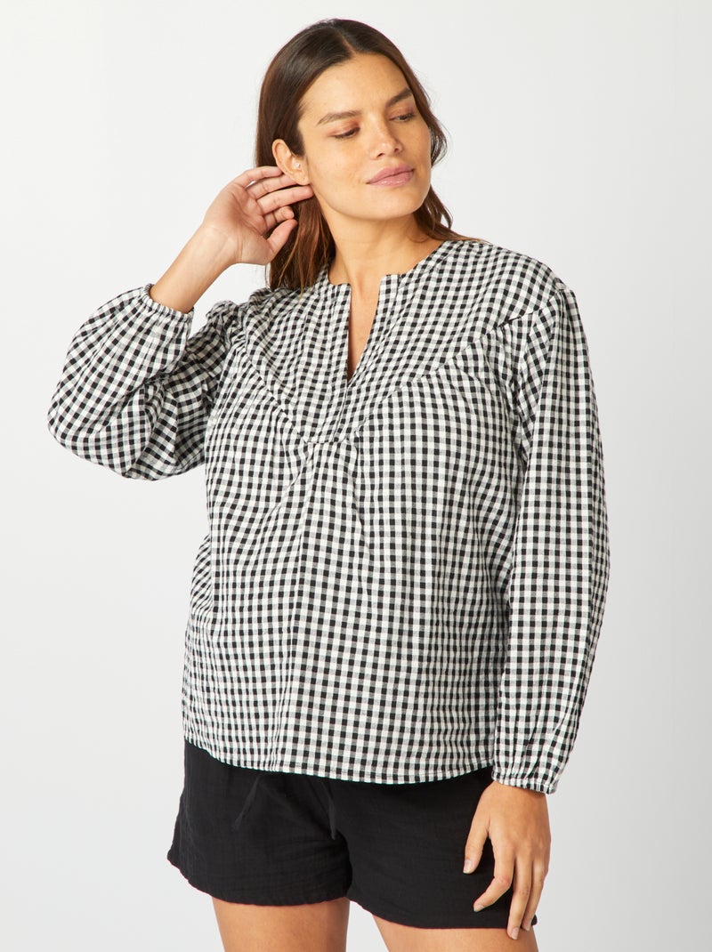 Camisa de amamentar com estampado vichy PRETO - Kiabi