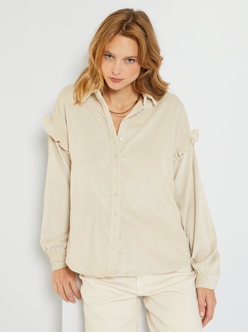 Camisa de bombazina e ombros com folhos - Kiabi