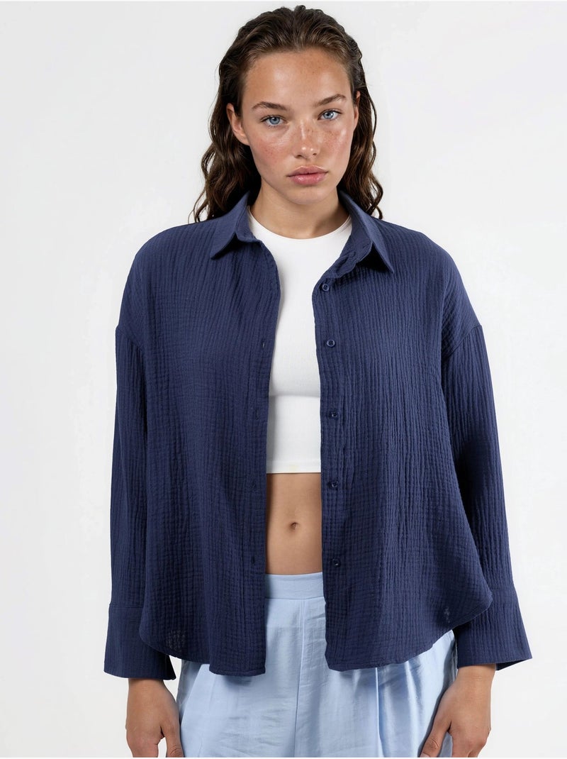 Camisa de botões em algodão texturado busem Azul-marinho - Kiabi