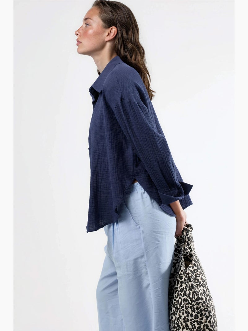 Camisa de botões em algodão texturado busem Azul-marinho - Kiabi