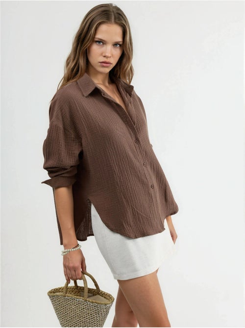 Camisa de botões em algodão texturado busem - Kiabi Camisa de botões em algodão texturado busem - Kiabi