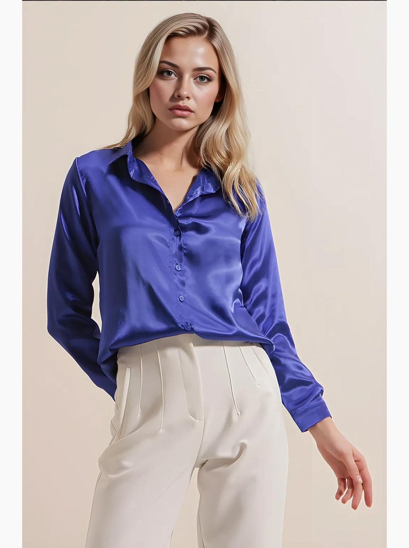 Camisa de botões em cetim tecido bdart Azul-cobalto - Kiabi