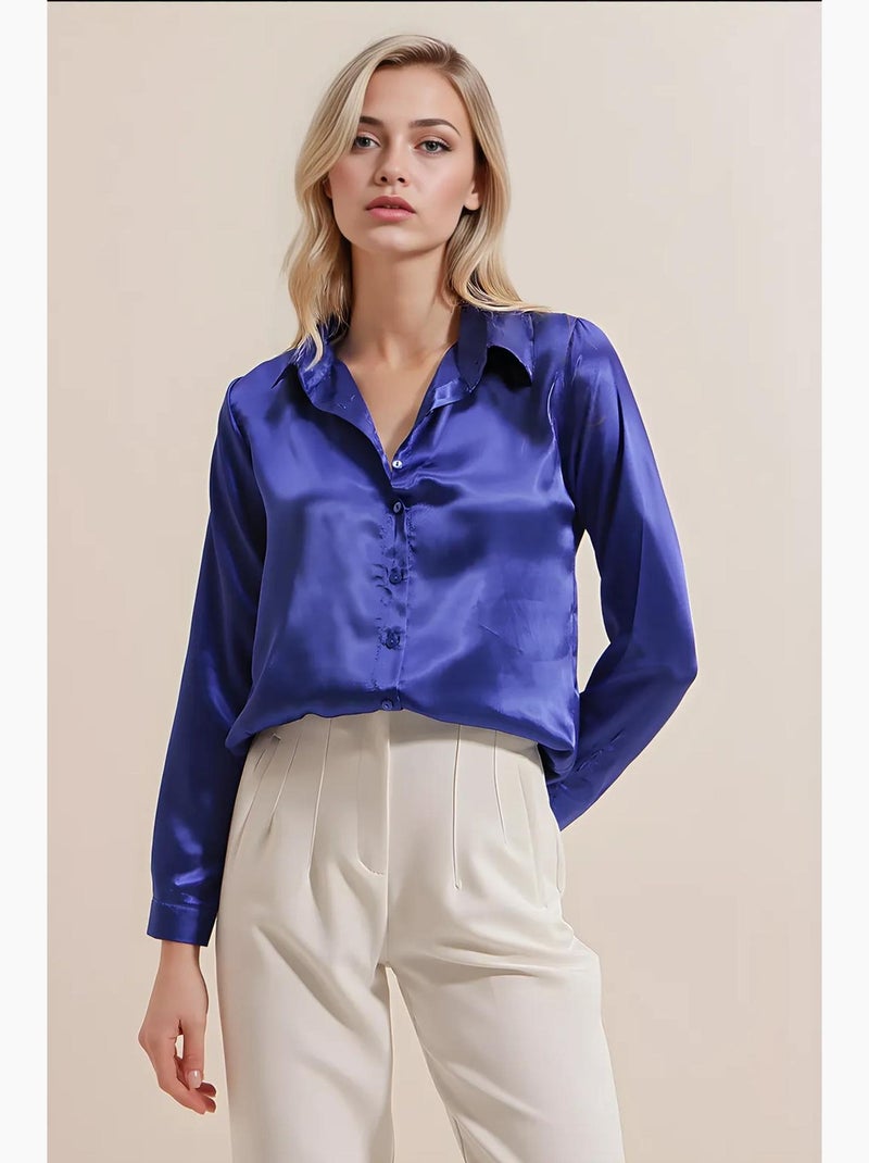 Camisa de botões em cetim tecido bdart Azul-cobalto - Kiabi