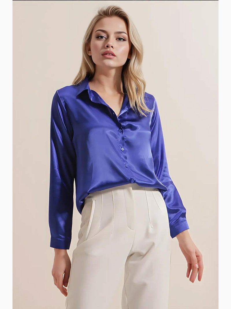 Camisa de botões em cetim tecido bdart Azul-cobalto - Kiabi