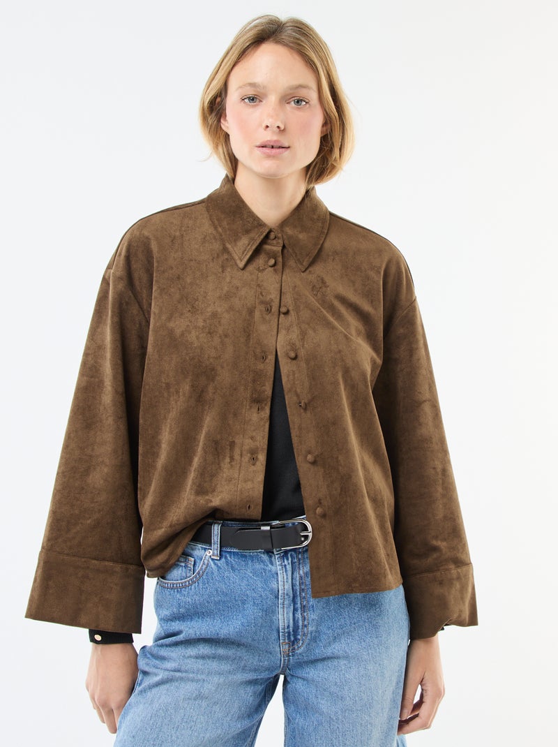 Camisa de Camurça Sintética com Mangas Compridas Caqui - Kiabi