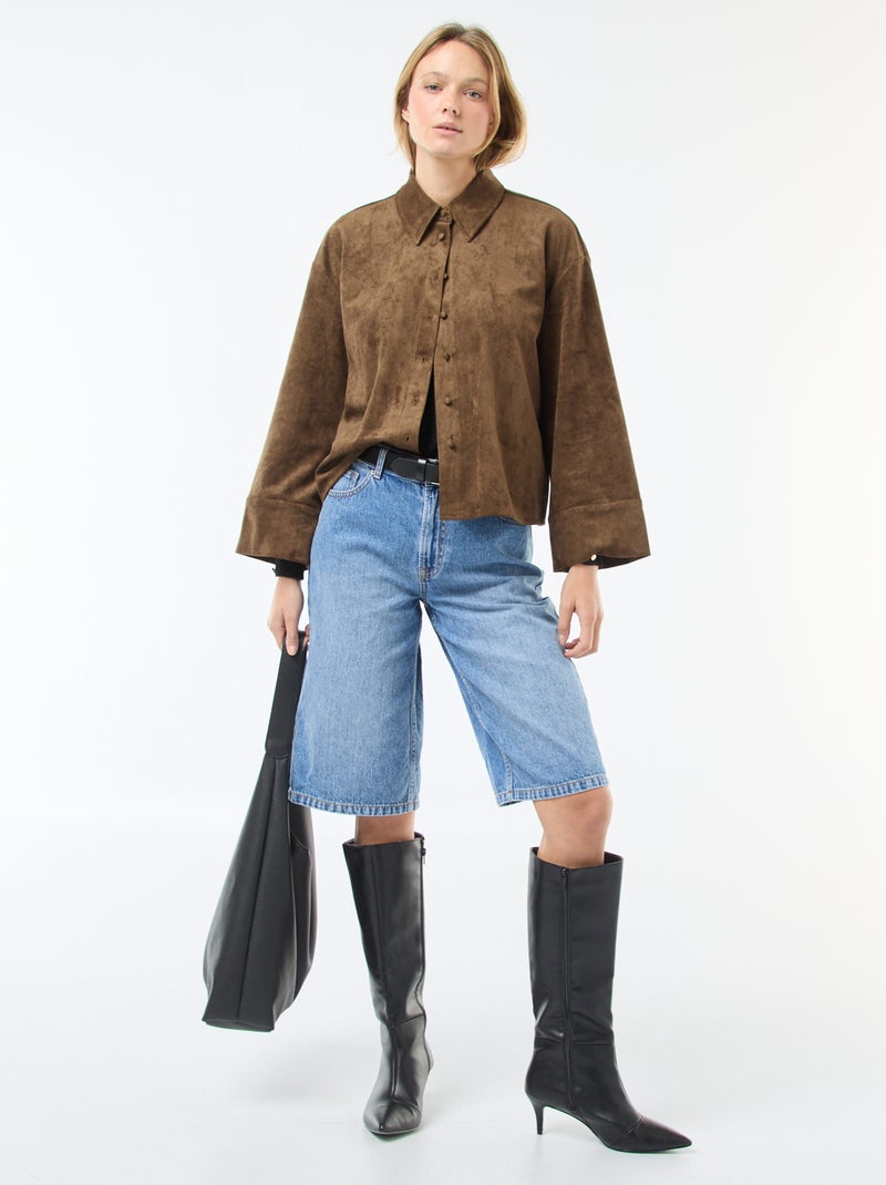 Camisa de Camurça Sintética com Mangas Compridas Caqui - Kiabi