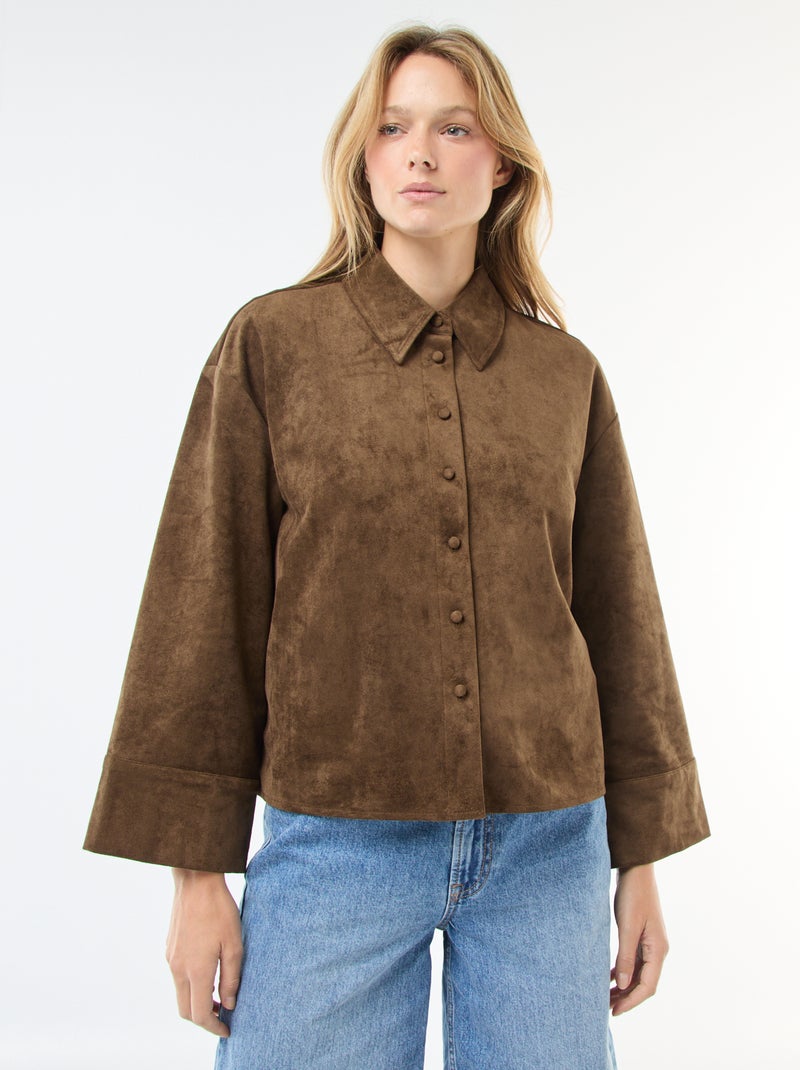 Camisa de Camurça Sintética com Mangas Compridas Caqui - Kiabi