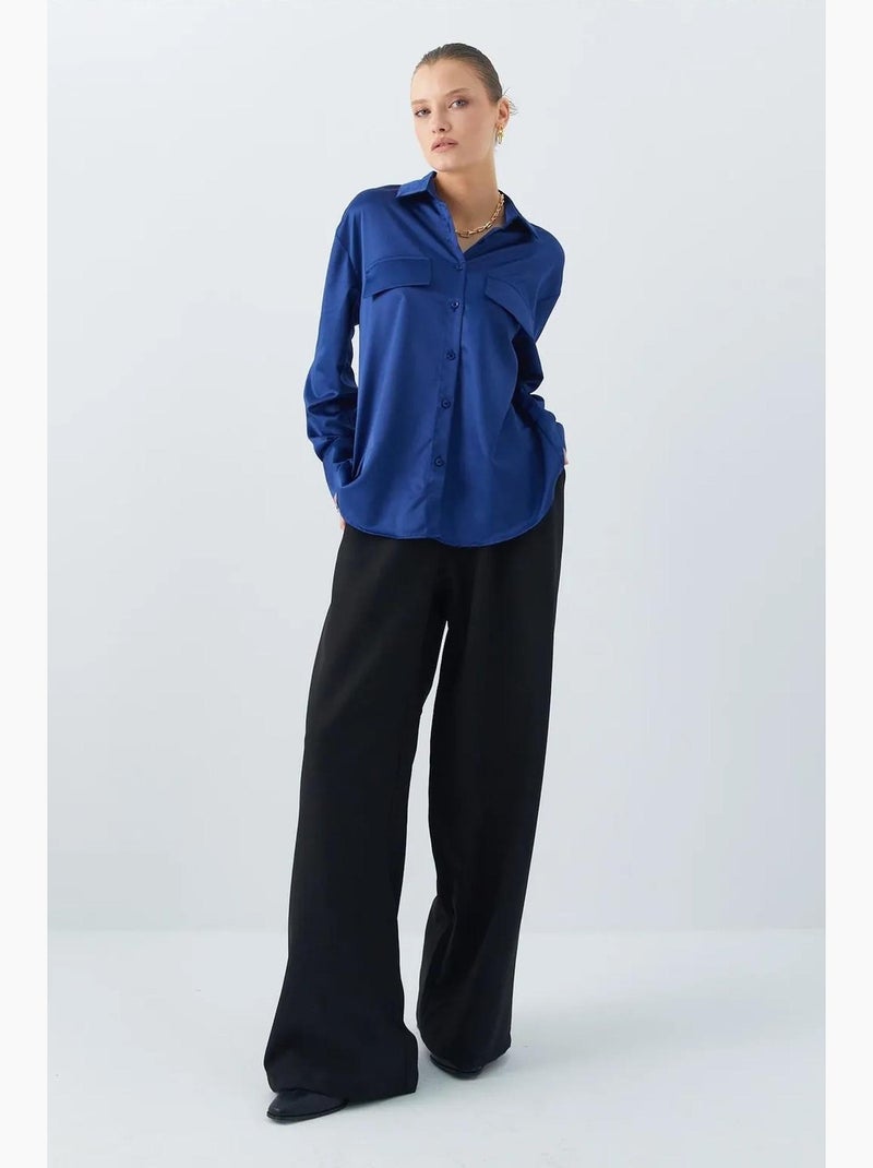 Camisa de cetim abotoada com detalhe de bolso mixray Azul-marinho - Kiabi