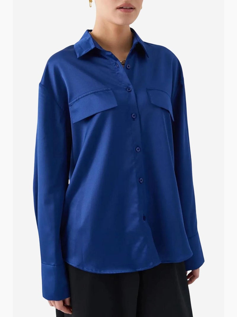 Camisa de cetim abotoada com detalhe de bolso mixray Azul-marinho - Kiabi