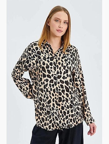Camisa de cetim com estampado leopardo mixray