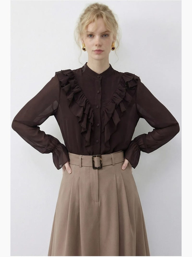 Camisa de chiffon com folhos, gola mandarim e manga comprida lucci Castanho-escuro - Kiabi