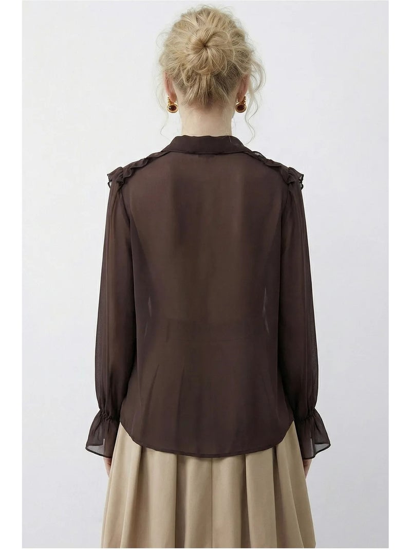 Camisa de chiffon com folhos, gola mandarim e manga comprida lucci Castanho-escuro - Kiabi