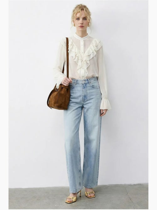 Camisa de chiffon com folhos, gola mandarim e manga comprida lucci - Kiabi