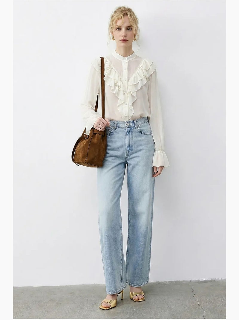 Camisa de chiffon com folhos, gola mandarim e manga comprida lucci Creme - Kiabi