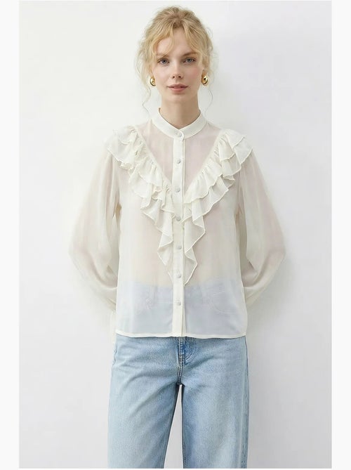 Camisa de chiffon com folhos, gola mandarim e manga comprida lucci - Kiabi