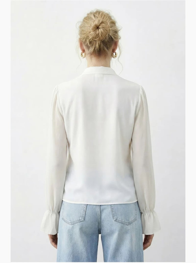Camisa de chiffon com folhos, gola mandarim e manga comprida lucci Creme - Kiabi