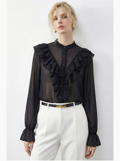 Camisa de chiffon com folhos, gola mandarim e manga comprida lucci - Kiabi