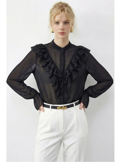Camisa de chiffon com folhos, gola mandarim e manga comprida lucci - Kiabi