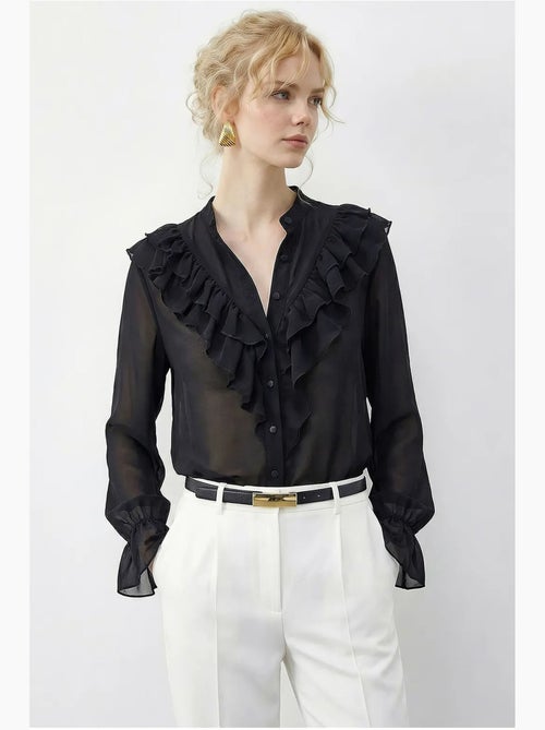 Camisa de chiffon com folhos, gola mandarim e manga comprida lucci - Kiabi