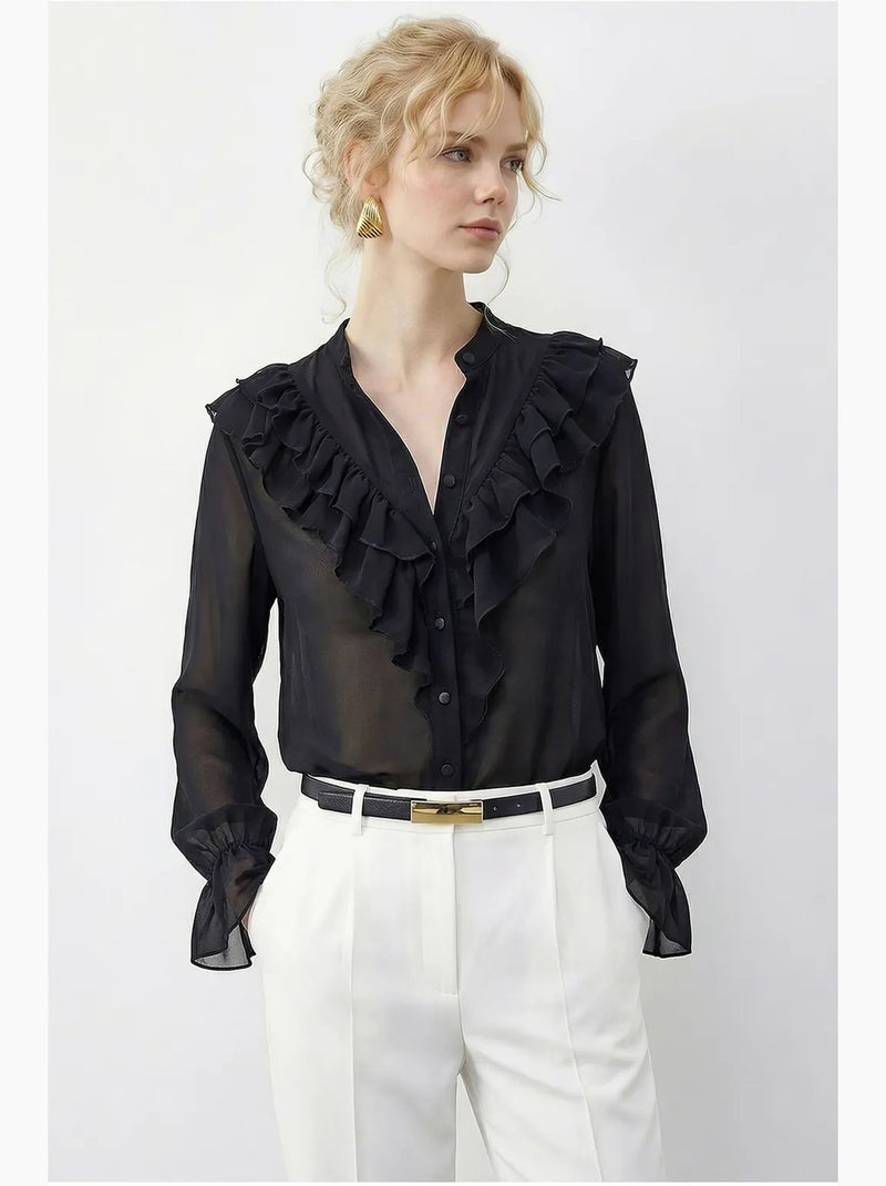 Camisa de chiffon com folhos, gola mandarim e manga comprida lucci Preto - Kiabi