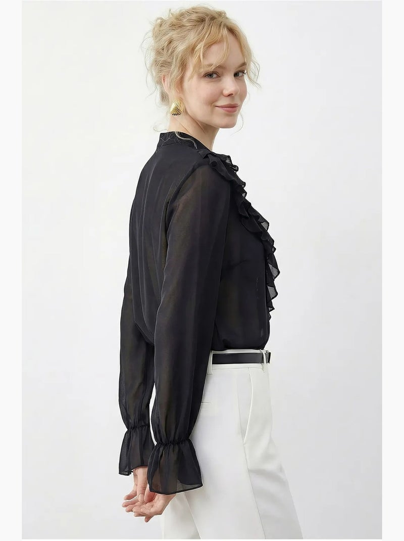 Camisa de chiffon com folhos, gola mandarim e manga comprida lucci Preto - Kiabi