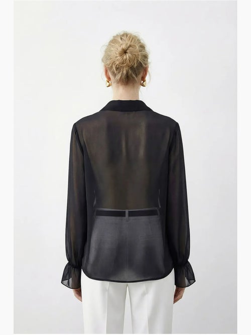 Camisa de chiffon com folhos, gola mandarim e manga comprida lucci - Kiabi