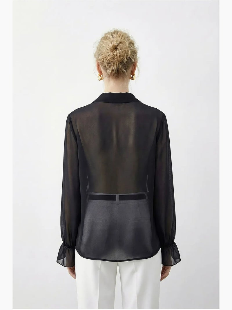Camisa de chiffon com folhos, gola mandarim e manga comprida lucci Preto - Kiabi