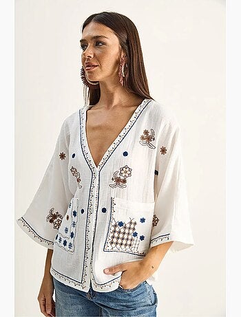 Camisa de crepe de algodão bordado com decote em v lucci