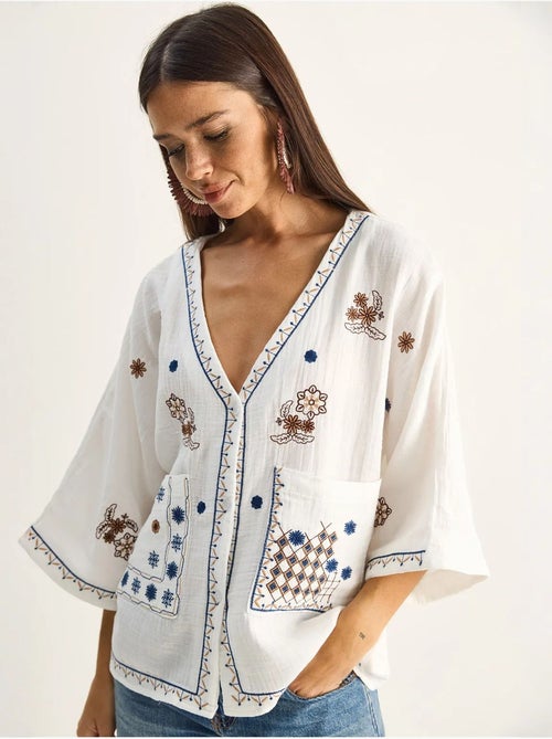 Camisa de crepe de algodão bordado com decote em v lucci - Kiabi Camisa de crepe de algodão bordado com decote em v lucci - Kiabi