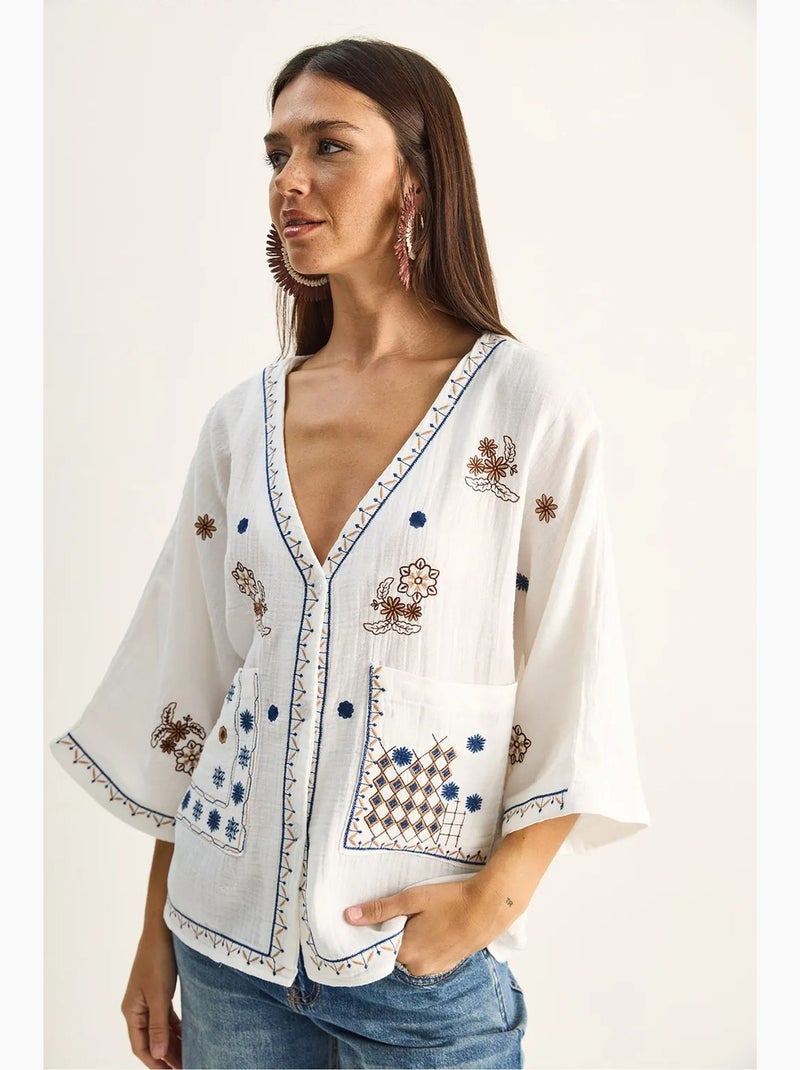 Camisa de crepe de algodão bordado com decote em v lucci Branco - Kiabi